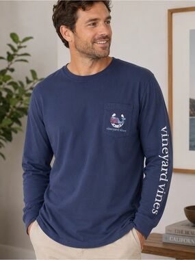 Vineyard Vines Kentucky Derby Long Sleeve Pocket T-Shirt Navy XXL Whale Logo